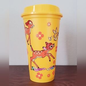 Playful Bambi floral friends yellow plastic reusable coffee cup tumbler Lid 16oz